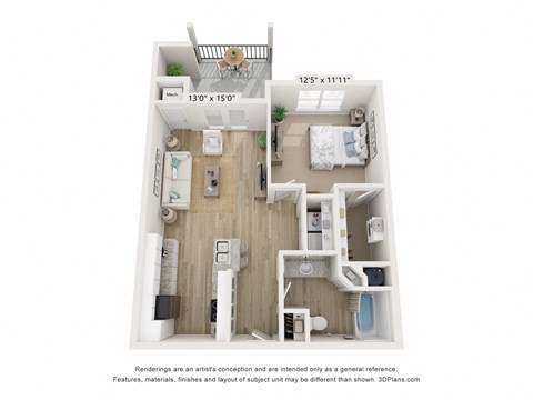 Floor plan for 1 bed, 1 bath, 750 sqft